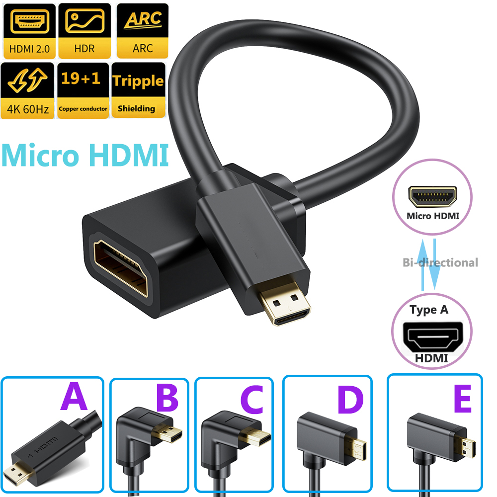 Mdi Cable - 4K Micro-HDMI-zu-HDMI-Kabeladapter, gerade oder 90-Grad-winkelverlegt, HDMI-zu-Micro-HDMI-Adapterkabel,